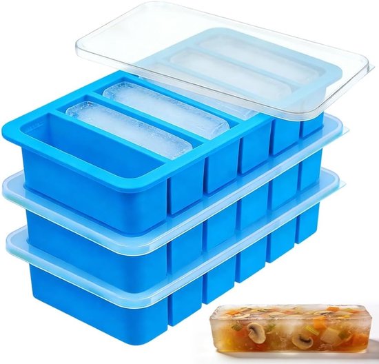 IJsblokjesvorm van siliconen, 3 stuks voor soep, invriezen, bouillonvorm, bouillon en saus invriezen, 6 gaten per houder voor perfecte porties, praktische voedselcontainer van siliconen (blauw)