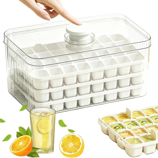 IJsbox met Deksel - Ijsblokjesmaker Bak - Dranken Koelen - 3-laags Pers-type - 96 Ijsblokjes - Wit