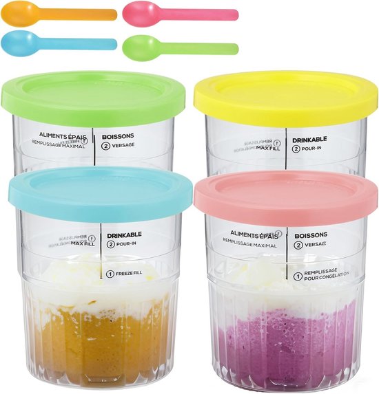 IJscontainers 680 ml - 4 Stuks met Gekleurde Deksels voor Ijsmachine van Merkloos