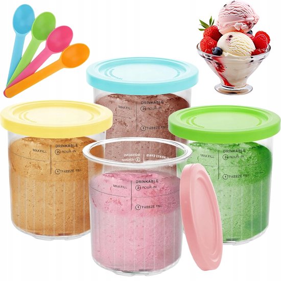 IJscontainers - Ijsbekers met Deksel - 4 Stuks - 680 ml - Ice Cream Containers - Compatibel met Ninja Creami NC500/NC501 - Luchtdicht & Lekbestendige - met Lepels - BPA Vrij - Vaatwasmachine