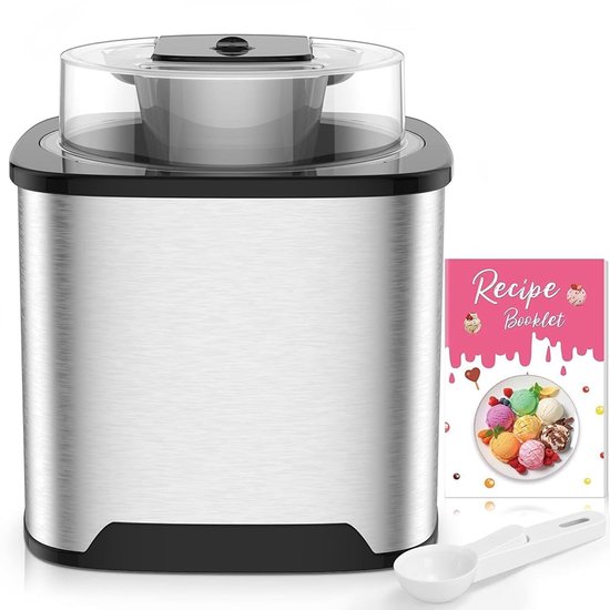 IJsmachine 2 Liter RVS - Ijsmaker voor Thuis met Kijkdeksel, Receptenboek en Ijsschep - Roomijsmachine voor Sorbet, Roomijs, Frozen Yoghurt en Zelfgemaakte Desserts