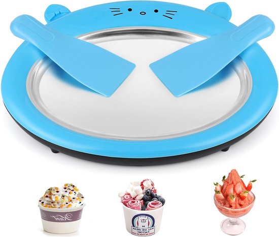 IJsmachine - 2 spatels - opgerolde ijsmaker - sorbet - bevroren yoghurt - fruitshakes - smoothies - blauw