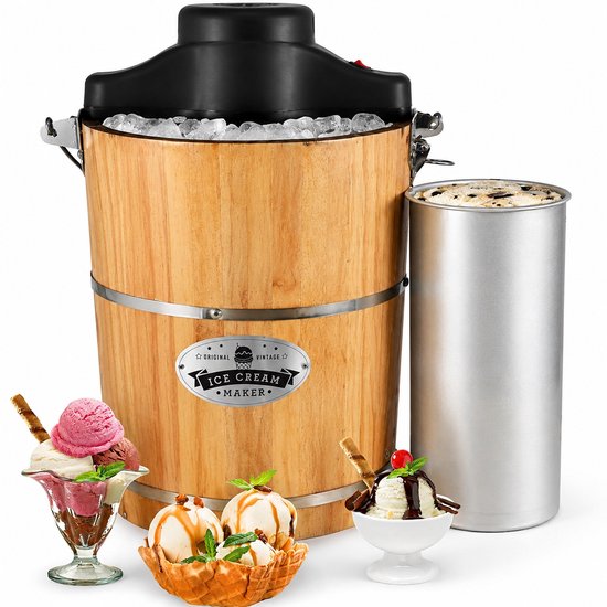 IJsmachine klassieke houten emmer automatische ijsmaker stille werking handmatige draaiknop 5,6 liter voor roomijs sorbet en yoghurtijs