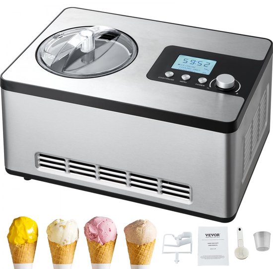 IJsmachine met compressor - Huishoudelijk Tafelmodel - Capaciteit 2 Liter - Vermogen 180 W - 3 Standen - Frozen yoghurt, sorbet & gelato - Laag geluidsniveau - Zilver van Merkloos