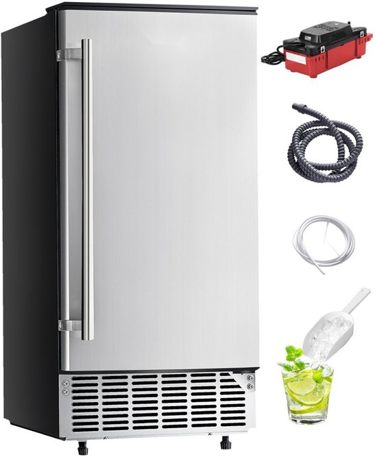 Ijsmachine - Onderbouw/Inbouw - Capaciteit 36 kg/dag - Afvoerpomp - Omkeerbare Deur - Roestvrij Staal van Merkloos