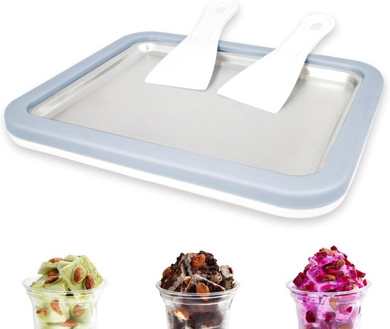 IJsrolletjes Maker - Bevroren IJsplaat van RVS - Inclusief 2 Spatels - Voor Zelfgemaakt IJs, Frozen Yoghurt en Sorbet - Lichtblauw