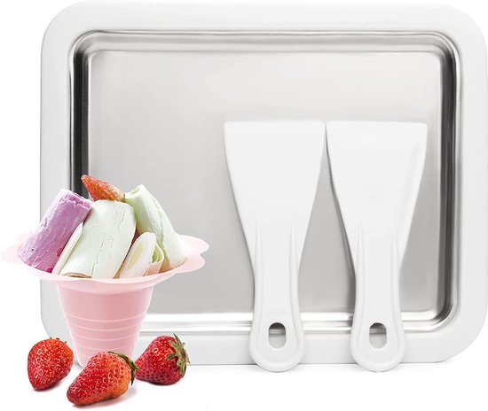 Ijsrolletjes Maker Set - Roestvrijstalen Schotel met Antislip Rand + 2 Spatels - Perfect voor Ijswerk, Frozen Yoghurt & Desserts van Merkloos