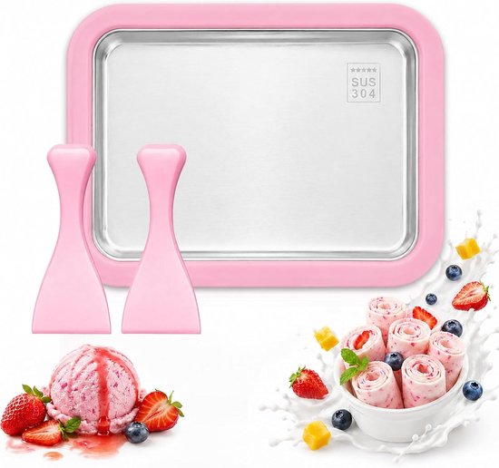 IJsrolmachine - Roze - Zelfgemaakte IJsmachine met 2 Spatels - Voor Gelato, Sorbet en Yoghurt