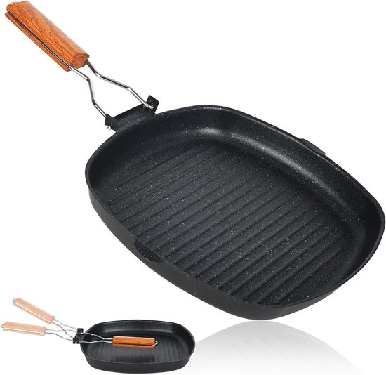 Inductie Grillpan - Steakpan Koekenpan - Vlees Grillen - Opklapbaar Handvat - 28 x 28 cm - Zwart
