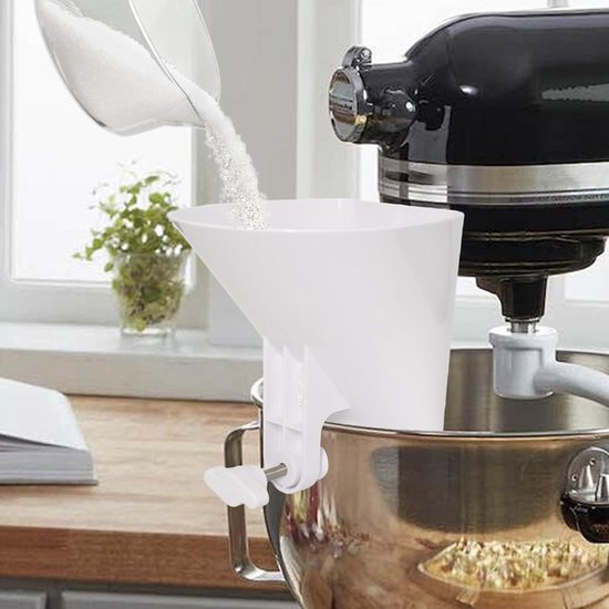 Instelbare meeltrechter voor keukenmachines, praktische kunststof meeltrechter voor kantelbare mixers, geschikt voor glazen, keramieken en roestvrijstalen kommen