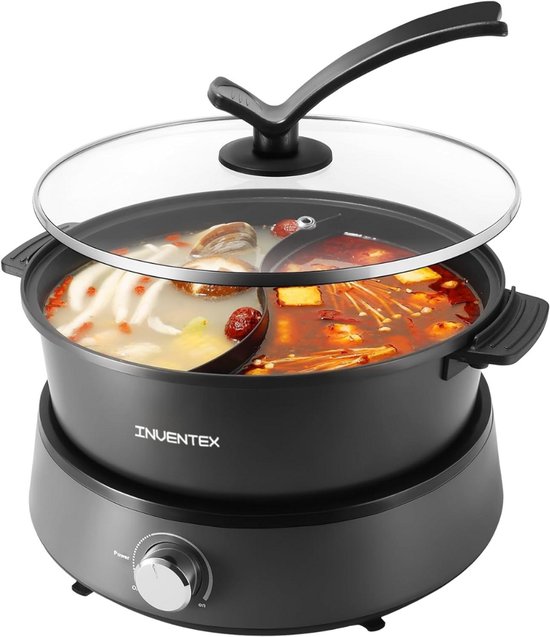 Inventex Hotpot – 2 vakken – Elektrische Fonduepan – 4.6 Liter – Automatische Temperatuur - Anti-baklaag - Zwart - PFAS vrij - Shabu Shabu