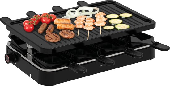 Inventum GR803B - Gourmetset - Raclette - 8 persoons - Grillplaat - 8 pannetjes - PFAS vrij - Regelbare thermostaat - 1200 watt - Zwart