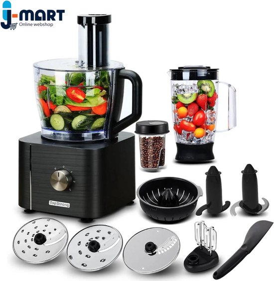 J-Mart 6 in 1 Keukenmachine - Blender - Bonen Slijper - Citruspers - Incl. Deeghaak/Deegmes/ 3 Snij- en Raspschijven - Grijs
