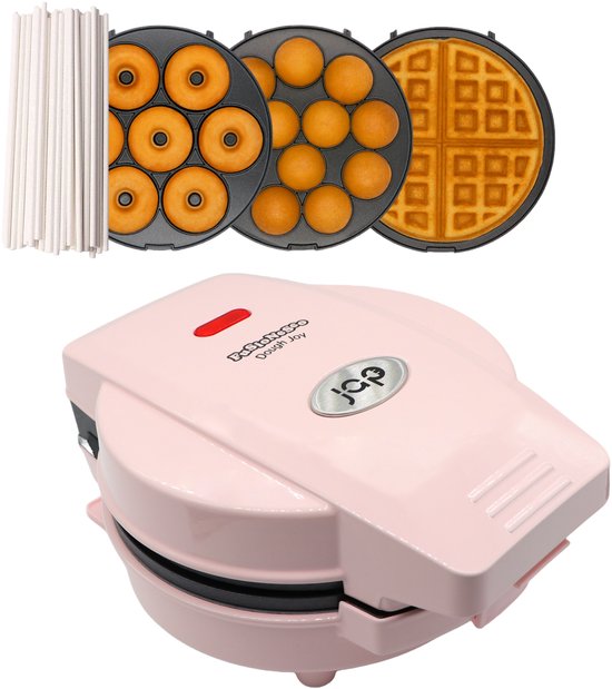 JAP Appliances Dough Joy 3in1 wafelijzer, Donutmaker, cake pop maker - Inclusief Cakepop 50 stokjes - Roze - PFAS-vrij van JAP Appliances