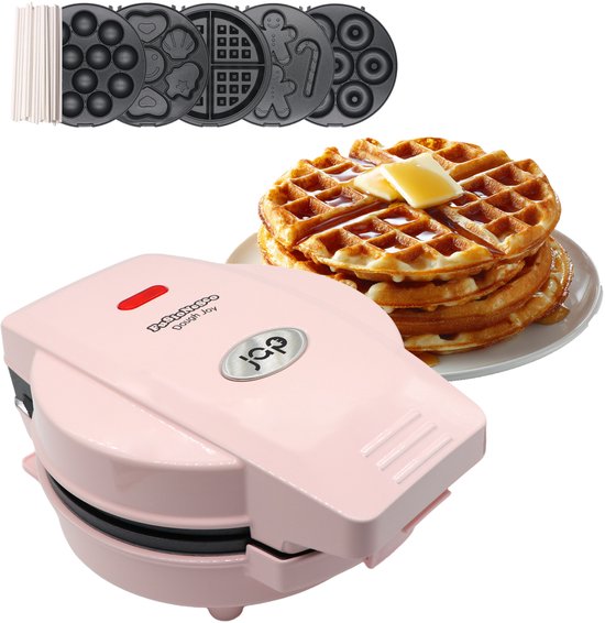 JAP Appliances Dough Joy 5in1 Wafelijzer - Wafelmaker, Donutmaker & Cake Pop maker - Anti aanbaklaag - Inclusief 50 cakepop stokjes - Roze - PFAS-vrij