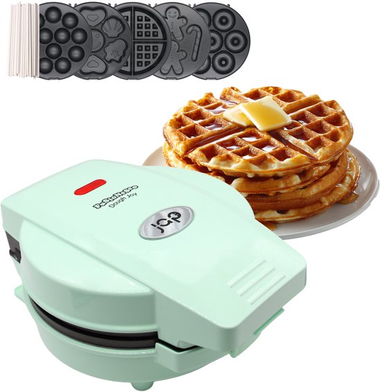 JAP Appliances Dough Joy Wafelijzer - 5in1 Wafelmaker, Donutmaker & Cake Pop maker - Anti aanbaklaag - Inclusief 50 cakepop stokjes - Groen - PFAS-vrij