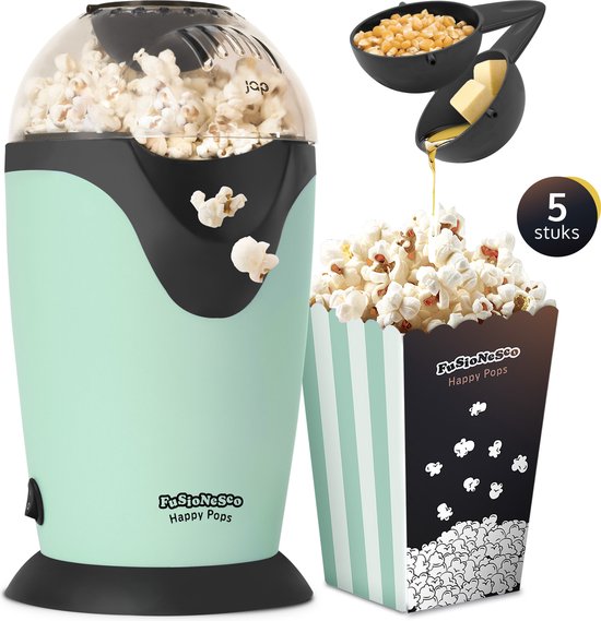 JAP Appliances Happy Pops - Retro popcorn machine (2-3 personen) 1200W - Inclusief maat- en botersmeltlepel - Klaar binnen 3 minuten - Zonder olie - Groen