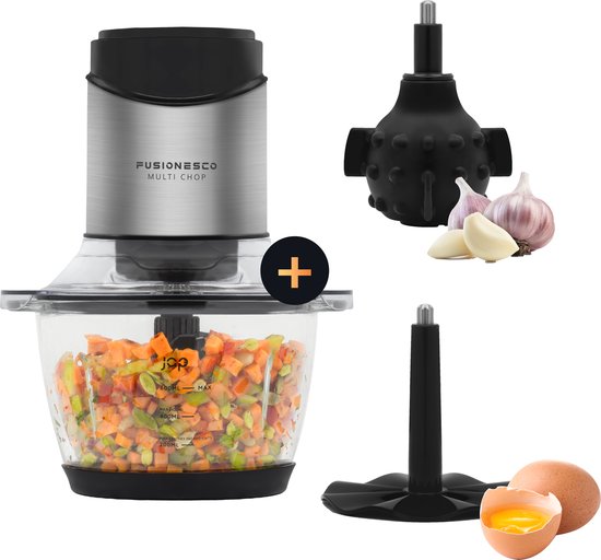 JAP Appliances Multi Chop + Uitbreidingspakket - Hakmolen met glazen kom 600ml - IJscrusher, knoflookpeller en eierklopper - Vaatwasserbestendig - 400W