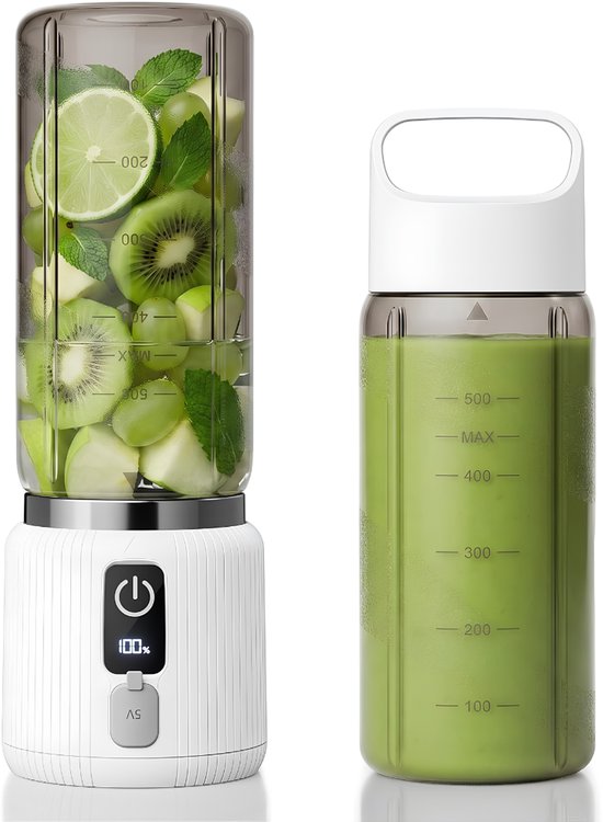 JCP® Blender To Go - Draagbare Elektrische Blender - Sapbereider voor Shakes en Smoothies - Wit - 23cm x 8cm x 8cm