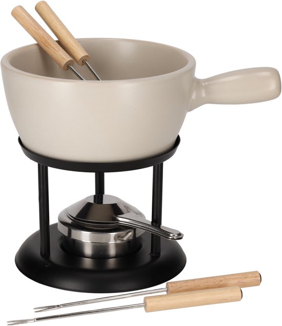 JENS Living Fondue Set Beige Large - Keramische Fondueset met Brander en 4 Vorkjes