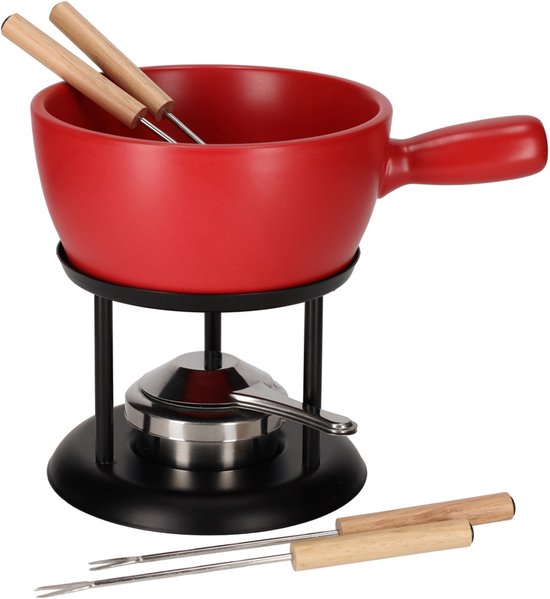 JENS Living Fondue Set Rood Large - Keramische Fondueset met Brander en 4 Vorkjes