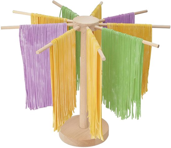 JHUBERS- Pastadroger Inklapbaar - Houten Droogrek - 9 Afneembare Armen - Voor 4,5 kg Pasta - Draaibare Sokkel - Geurneutraal - Noedelrek