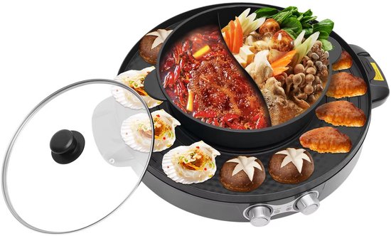 JOYNEXTBUY - 2-in-1 Elektrische Hot Pot & Grill – Dubbele Temperatuurregeling – Anti-aanbaklaag – Zwart – BBQ, Steak & Hotpot