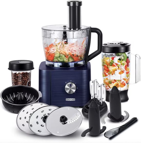 J&R Keukenmachine - Alles in 1 keukenmachine - Multifunctionele keukenmachine - Blender - Vleesmolen - Garde - Kneder - Shredder - Sinaasappelpers - Hakselaar - Blender - 1100W - Blauw van J&R