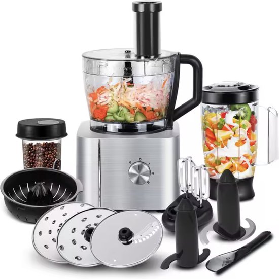 J&R Keukenmachine - Alles in 1 keukenmachine - Multifunctionele keukenmachine - Vleesmolen - Garde - Kneder - Shredder - Sinaasappelpers - Hakselaar - Blender - 1100W - Zilver van $