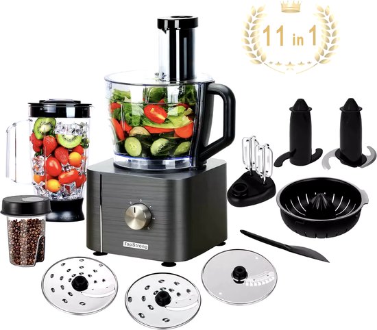 J&R Keukenmachine - Alles in 1 keukenmachine - Multifunctionele keukenmachine - Vleesmolen - Garde - Kneder - Shredder - Sinaasappelpers - Hakselaar - Blender - 110W - Donkergrijs van J&R