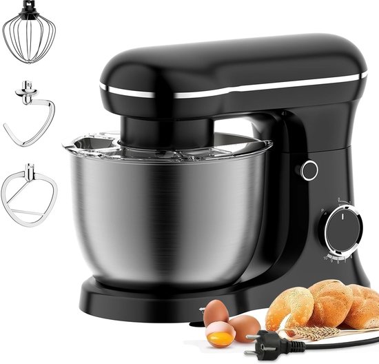 Jurrys Keukenmachine 1500W – Keukenmixer met 5L RVS Kom – 10 Snelheden – Inclusief Deeghaak, Garde & Klopper – Foodprocessor van Merkloos
