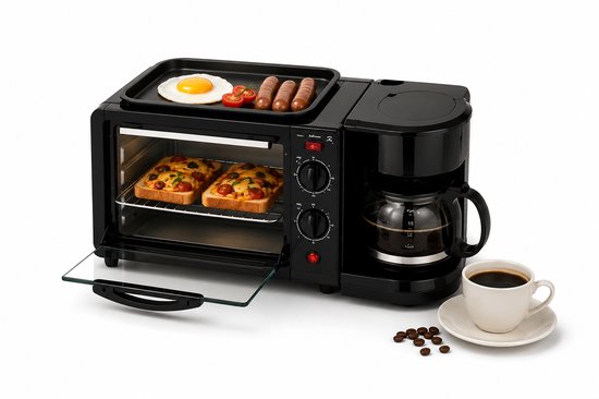Jurrys Ontbijtmaker - Koffiezetapparaat - Broodrooster - Mini oven - Multifunctioneel - 3 in 1 - 220V - 600ml Koffiekan - Zwart