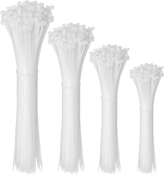 Kabelbinders, 200 stuks, 100/150/200/300 mm, uv-bestendig, treksterkte tot 22 kg, zelfremmende kabelbinders voor kabelbeheer, tuinieren, wonen, werkplaatsen, wit