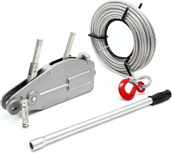 Kabellier tot 800 kg met 20 meter lange kabel, handmatige lier met staalkabel Ø 8,3 mm, bosbouw kabellier met breekpen en lasthaak