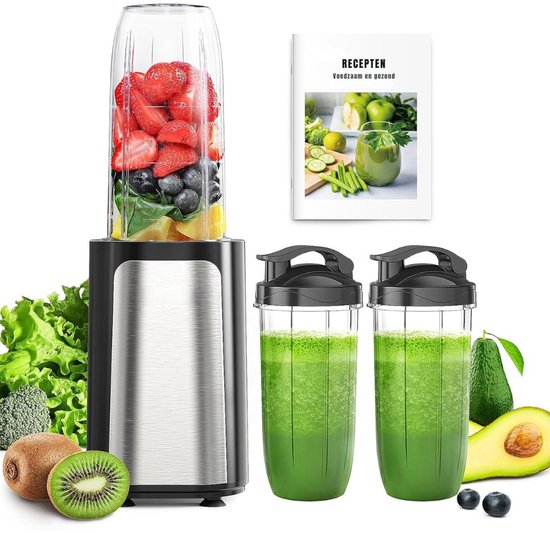 KAD® Blender - Krachtige Mini Mixer - Blender met 3 Draagbare Mengbekers - Zwart en Zilver - 13cm x 19cm x 39cm