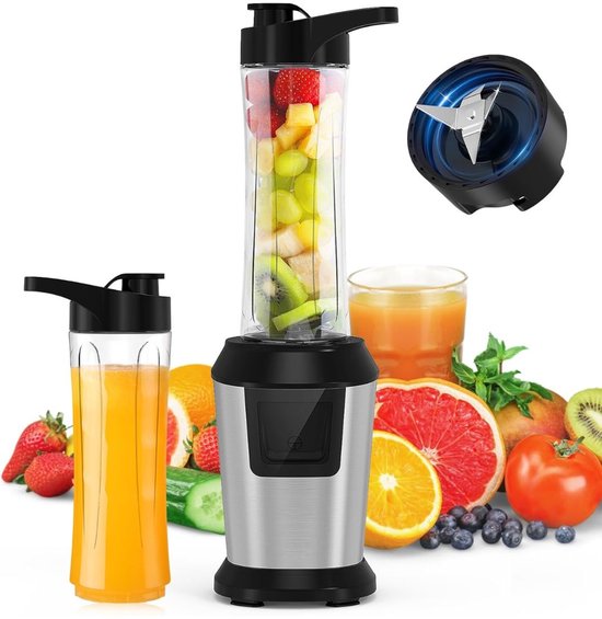 KAD® Blender To Go - Draagbare Smoothie Blender - Krachtige Smoothie Maker - Zilver/Zwart - 35cm x 10cm x 15cm