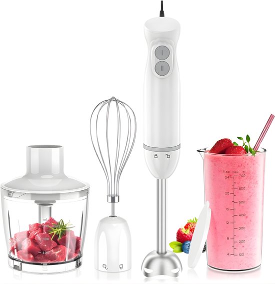 KAD® Staafmixer - Professionele Staafmixer Set – 1000W – Met Hakmolen, Garde & Maatbeker - Wit - 15cm x 25cm x 26cm van Merkloos