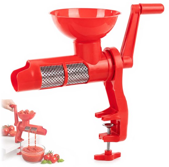 KADAX Handmatige tomatenpers, puree-molen van roestvrij staal en kunststof, tomatensapcentrifuge, puree-machine met handkruk, trechter, pureezeef, tafelklem
