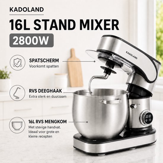 Kadoland® 16L Stand Mixer – Professionele Keukenmachine voor Zwaar Deeg – 12 Snelheden – RVS Mengkom – Inclusief Accessoires van Merkloos