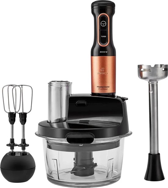 Karaca Mastermaid Prosteel - Keukenrobot 2500W - Glazen Hakmolen 1,5L - Staafmixer, Smoothiebeker, Garde, Rasp & Snijschijven - Zwart/Koper van Karaca