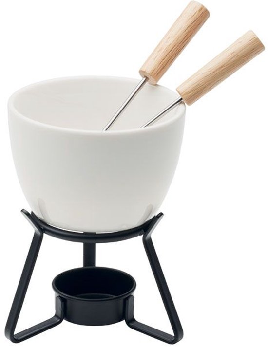 KASE Keramische Fondueset - Voor waxinelichtjes - Met 2 vorkjes - 240ml - Kaas fondue - Chocolade fondue - Fonduepan - Wit