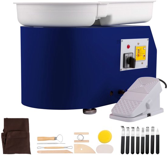 Keramiekwiel 27-9 cm- 0-300 RPM- 350W- instelbare snelheid- vormmachine met boetseergereedschap en schort- afneembare kom- voetpedaalbediening voor kunstnijverheid en doe-het-zelfprojecten thuis- blauw