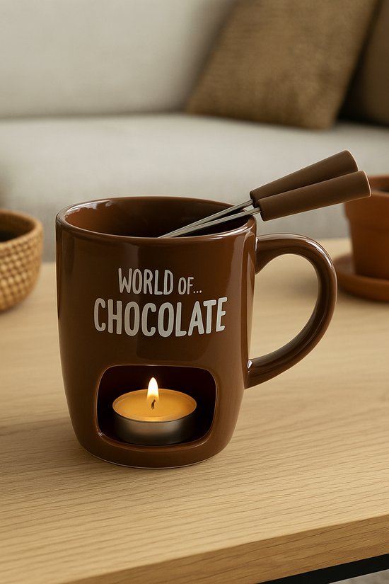 Keramische Fondue Mok met Kaars Houder en Fondue Vorkjes – Voor Chocolade & Kaas - Bruin