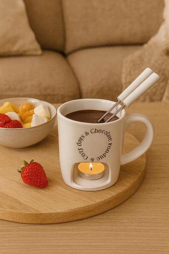 Keramische Fondue Mok met Kaars Houder en Fondue Vorkjes – Voor Chocolade & Kaas - Wit