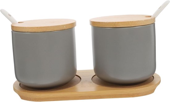 Keramische-Suikerpotjes-Set - 2-Stuks - grijs- Bamboe-Deksel - Inclusief-Lepels-Dienblad - Luxe-Kruidenpotjes - 260ml