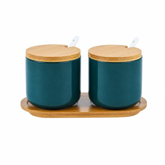 Keramische-Suikerpotjes-Set - 2-Stuks - groente- Bamboe-Deksel - Inclusief-Lepels-Dienblad - Luxe-Kruidenpotjes - 260ml