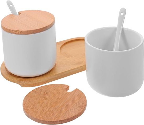 Keramische-Suikerpotjes-Set - 2-Stuks - wit- Bamboe-Deksel - Inclusief-Lepels-Dienblad - Luxe-Kruidenpotjes - 260ml