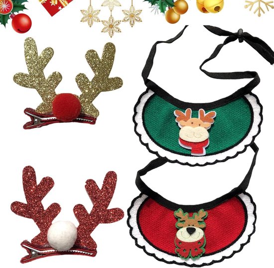 Kersthond bandana's - 4 stuks - hondenhaarspeld set - cartoon hondenhalsdoek - kerstpakkostuum - hondensjaal - kerstkostuumaccessoires van Merkloos