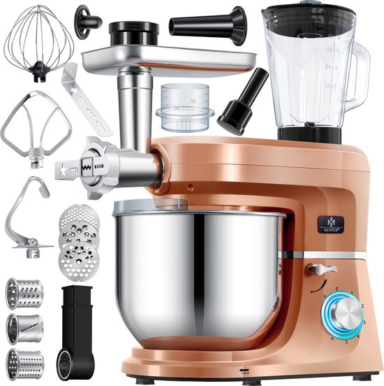 KESSER® 3 in 1 Keukenmachine Foodprocessor - Keukenmixer - Keukenrobotor K-KM 3000 met Kneder Multifunctionele Mixer 5,5 L Kom met 3 Menggereedschappen 1,5 L Sapcentrifuge Worstset Pasta & Koekjesvormen - Koper