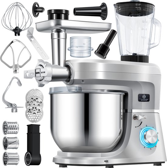 KESSER® 3 in 1 Keukenmachine Foodprocessor - Keukenmixer - Keukenrobotor K-KM 3000 met Kneder Multifunctionele Mixer 5,5 L Kom met 3 Menggereedschappen 1,5 L Sapcentrifuge Worstset Pasta & Koekjesvormen - Zilver van Merkloos